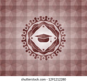 graduation cap icon inside red seamless emblem with geometric background.