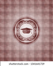 graduation cap icon inside red seamless emblem with geometric pattern.