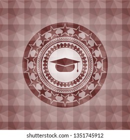 graduation cap icon inside red emblem or badge with abstract geometric pattern background. Seamless.