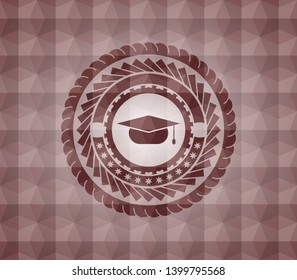 graduation cap icon inside red geometric pattern emblem. Seamless.