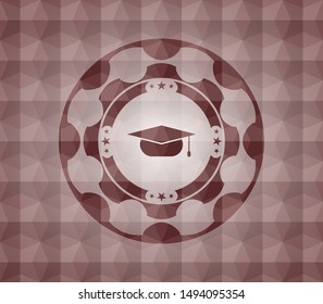 graduation cap icon inside red seamless badge with geometric pattern.
