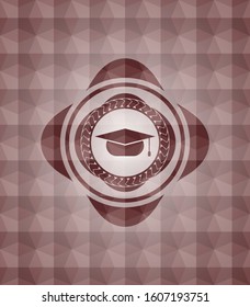 graduation cap icon inside red emblem with geometric pattern. Seamless.