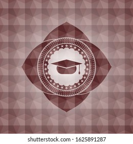 graduation cap icon inside red geometric pattern emblem. Seamless.