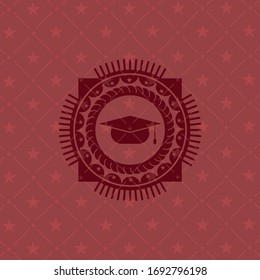 graduation cap icon inside red emblem. 