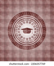 icono del tapón de graduación dentro del emblema rojo con fondo geométrico. Sin inconveniente. 