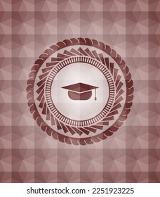 graduation cap icon inside red seamless badge with geometric background. 
