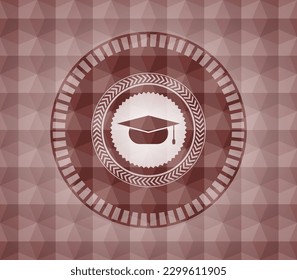 graduation cap icon inside red geometric pattern emblem. Seamless. 
