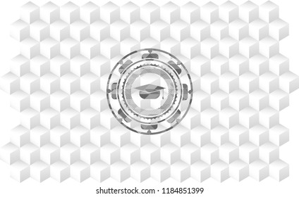 graduation cap icon inside retro style grey emblem with geometric cube white background