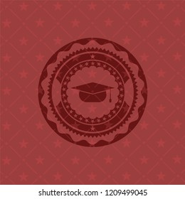 graduation cap icon inside retro style red emblem