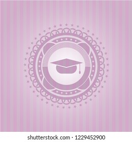 graduation cap icon inside retro style pink emblem