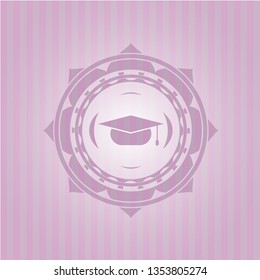 graduation cap icon inside retro pink emblem