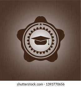 graduation cap icon inside retro style wood emblem