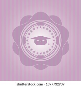 graduation cap icon inside retro style pink emblem