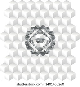 graduation cap icon inside retro style grey emblem with geometric cube white background