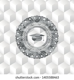 graduation cap icon inside retro style grey emblem with geometric cube white background