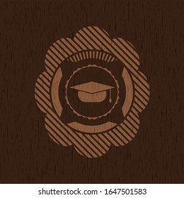 graduation cap icon inside retro style wood emblem