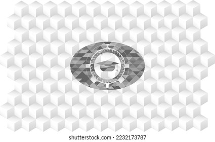 graduation cap icon inside retro style grey emblem with geometric cube white background. 