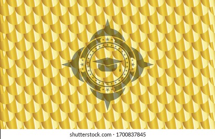 graduation cap icon inside shiny golden badge. Scales pattern. Vector Illustration. Detailed.
