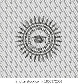 graduation cap icon inside shiny silver emblem. Scales pattern. Vector Illustration. Detailed. 