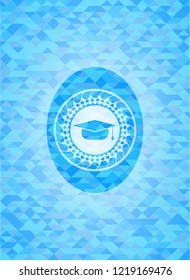 graduation cap icon inside sky blue emblem with mosaic background