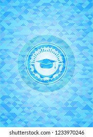 graduation cap icon inside sky blue mosaic emblem
