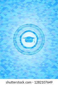 graduation cap icon inside sky blue emblem with mosaic ecological style background