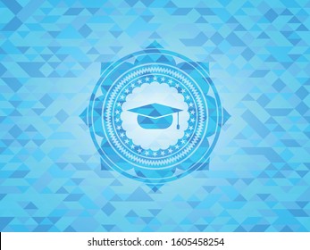 graduation cap icon inside sky blue emblem with mosaic background