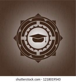 graduation cap icon inside vintage wood emblem