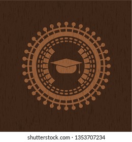 graduation cap icon inside vintage wood emblem