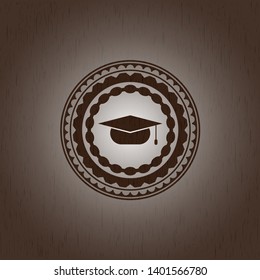 graduation cap icon inside vintage wood emblem
