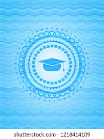 graduation cap icon inside water wave style badge.