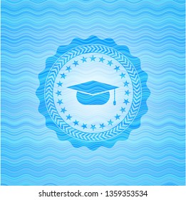 graduation cap icon inside water representation badge background.