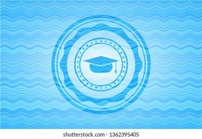 graduation cap icon inside water wave concept emblem background.