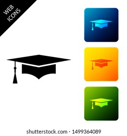 Graduation cap icon isolated. Graduation hat with tassel icon. Set icons colorful square buttons. Vector Illustration