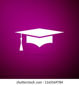 Graduation cap icon isolated on purple background. Graduation hat with tassel icon. Flat design. Vector Illustration