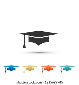 Graduation cap icon isolated on white background. Graduation hat with tassel icon. Set elements in colored icons. Flat design. Vector Illustration