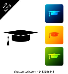 Graduation cap icon isolated on white background. Graduation hat with tassel icon. Set icons colorful square buttons. Vector Illustration
