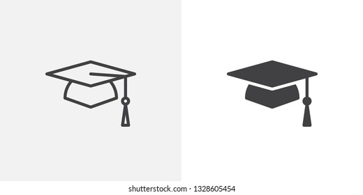 Graduation cap icon. line and glyph version, student hat outline and filled vector sign. Academic cap linear and full pictogram. Education symbol, logo illustration. Different style icons set
