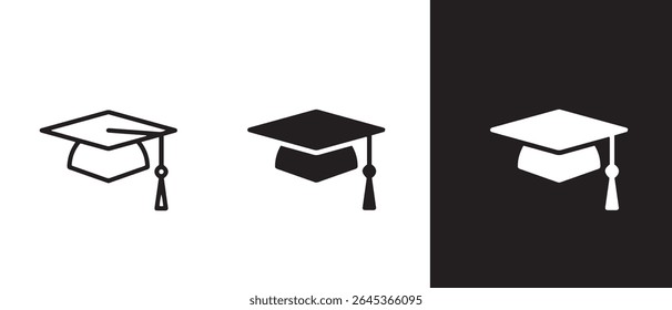 Ícone de boné de graduação. versão de linha e glifo, esboço de chapéu de estudante e sinal vetorial preenchido. Capa acadêmica linear e pictograma completo. Símbolo educacional, ilustração de logotipo. Definição de ícones de estilo diferente.