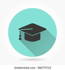 Graduation cap - icon with long shadow, flat design. Vector illustration