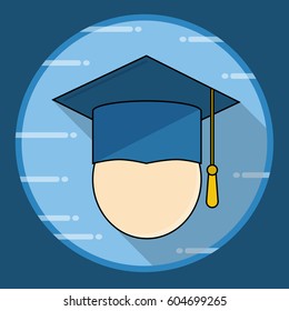Graduation cap icon with long shadow. Vector illustration in flat style.Finish education symbol