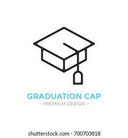 Graduation cap icon. Mortarboard symbol. Education, learning, graduation logo. Premium design. Vector thin line icon isolated on white background