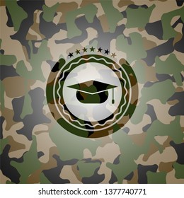 graduation cap icon on camo pattern