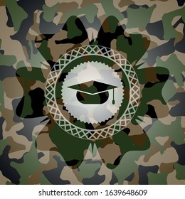 graduation cap icon on camo texture