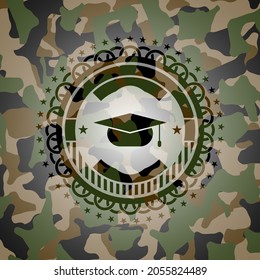 graduation cap icon on camo pattern. 