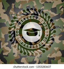 graduation cap icon on camouflage pattern