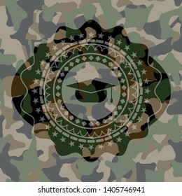 graduation cap icon on camouflage pattern