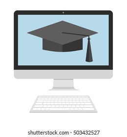 Graduation cap icon on computer screen. Vector flat illustration. Isolated on white background