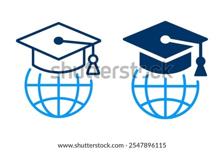 Graduation cap icon on globe. Vector illustration isolated on white.