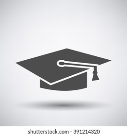 Graduation cap icon on gray background with round shadow. Vector illustration.